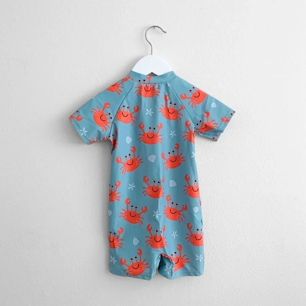 NWT Cute Boys One-Piece Swimsuit ShortSleeve Swimwear Summer Cartoon Crabs 3-6M